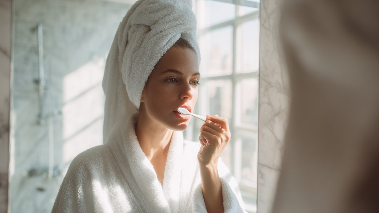 Person brushing teeth in a bright, clean bathroom with natural daylight, emphasizing a fresh morning oral hygiene routine.