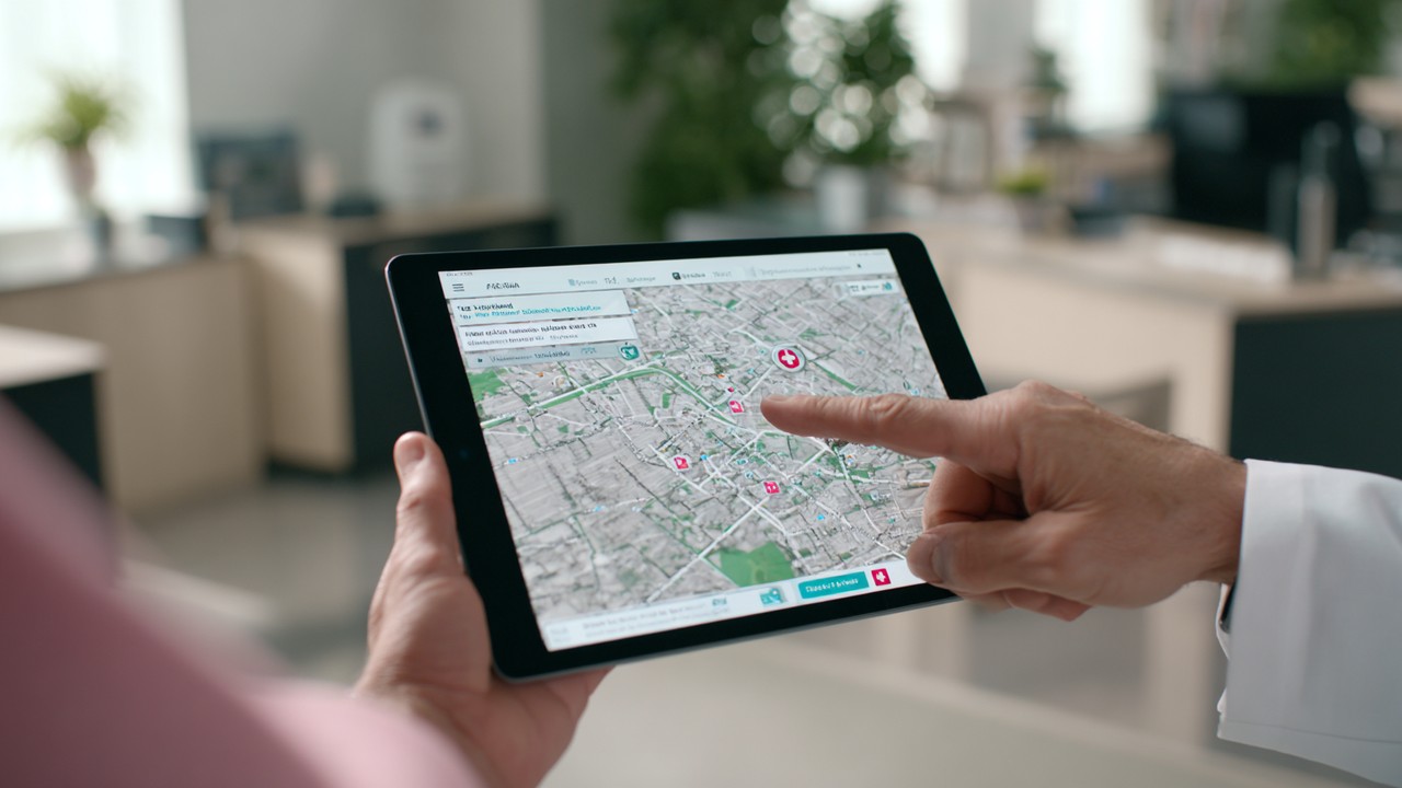 Healthcare professional pointing at a digital map on tablet highlighting local area with healthcare icons for targeted patient outreach.