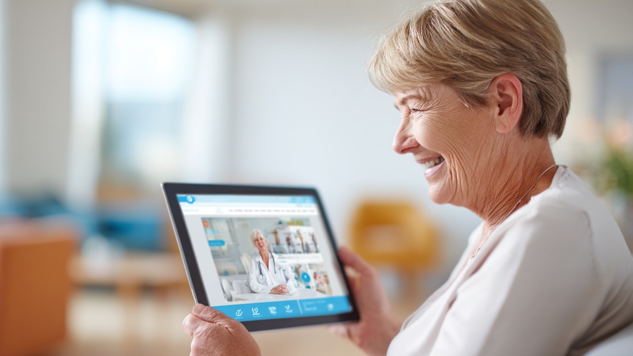 Smiling middle-aged patient using a healthcare website on a tablet with a user-friendly interface in a bright, welcoming room.