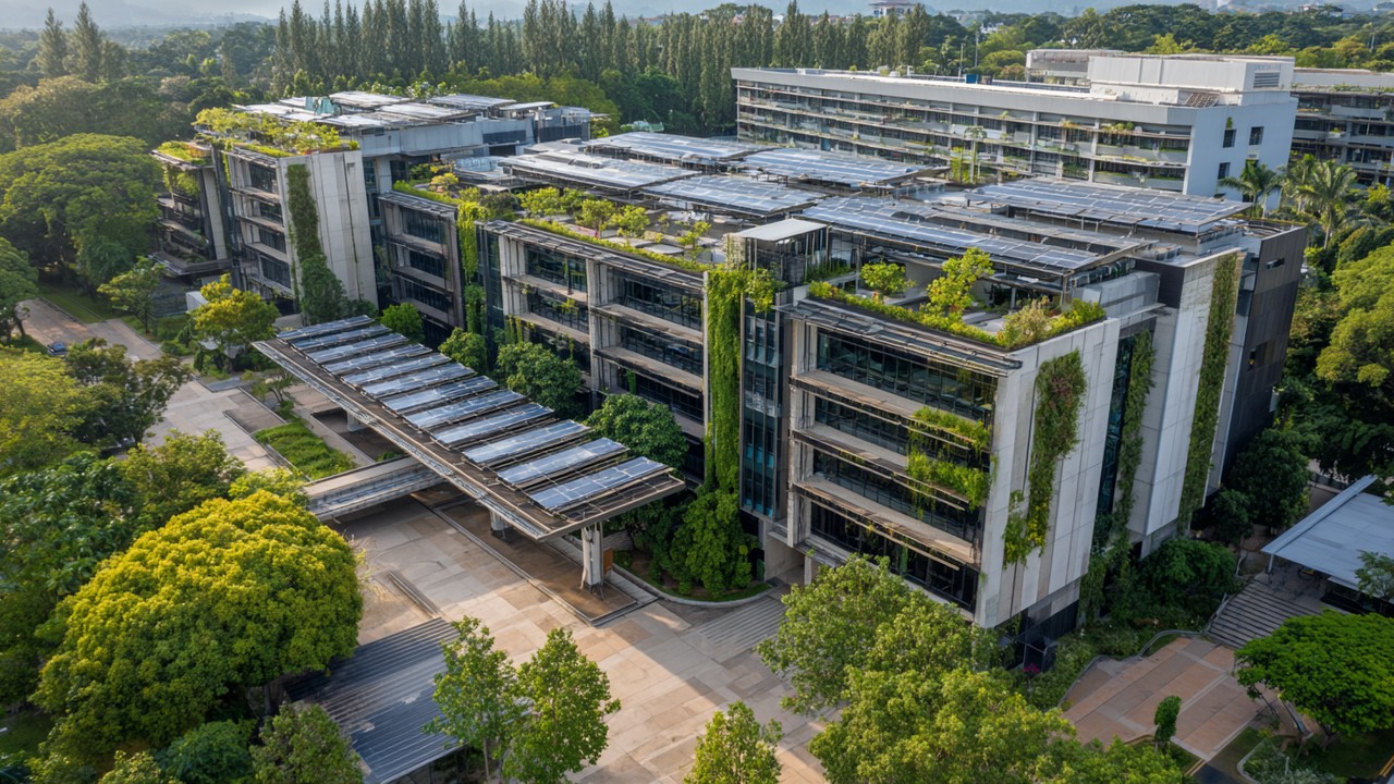 Eco-freundliches Krankenhaus mit Solarzellen, umgeben von grüner Landschaft und nachhaltigem Landschaftsbau, umweltbewusste Gesundheitsversorgung