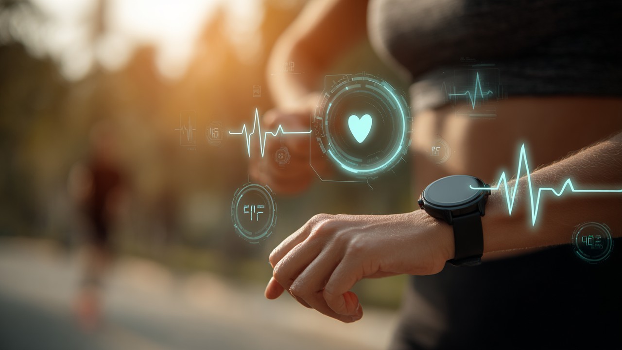 Person jogging outdoors wearing a sleek smartwatch and health biosensors with graphical overlays of heart rate and oxygen levels, showcasing wearable health technology.
