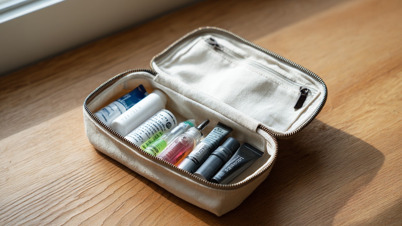 Open travel toiletry bag on wooden surface with compact oral hygiene essentials including toothbrush, toothpaste, dental floss, mouth spray, and gum, organized for travel.