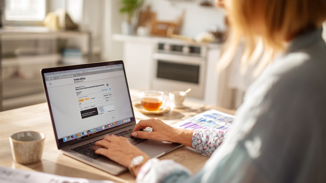 Person submitting an online medical visa application on a laptop at a clean home office desk with medical documents and a cup of tea, highlighting digital visa process.