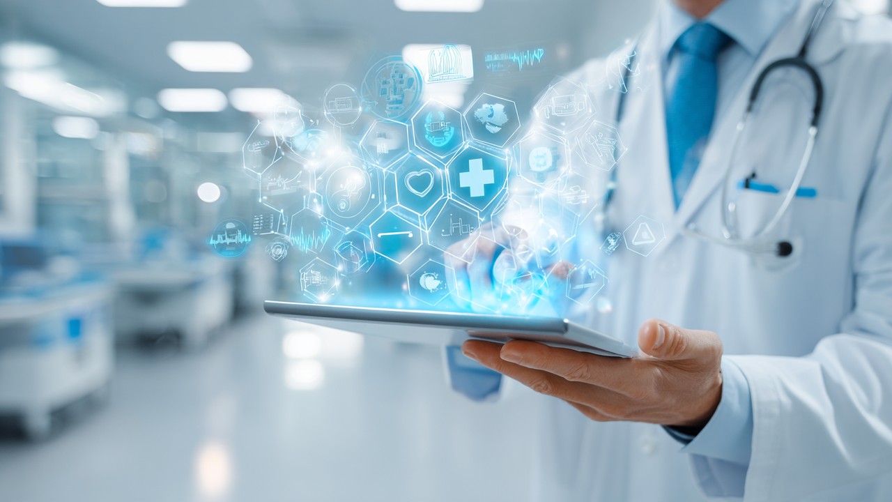 Modern healthcare professional using a tablet with digital health records, surrounded by holographic medical icons in a futuristic hospital setting.