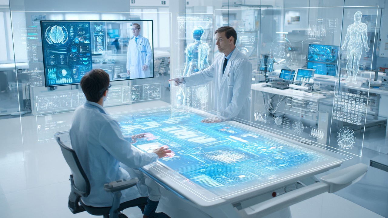 Futuristische Telemedizin-Szene mit Patient und Arzt auf digitalem Bildschirm, umgeben von moderner Medizintechnik und KI-Dateninterfaces.