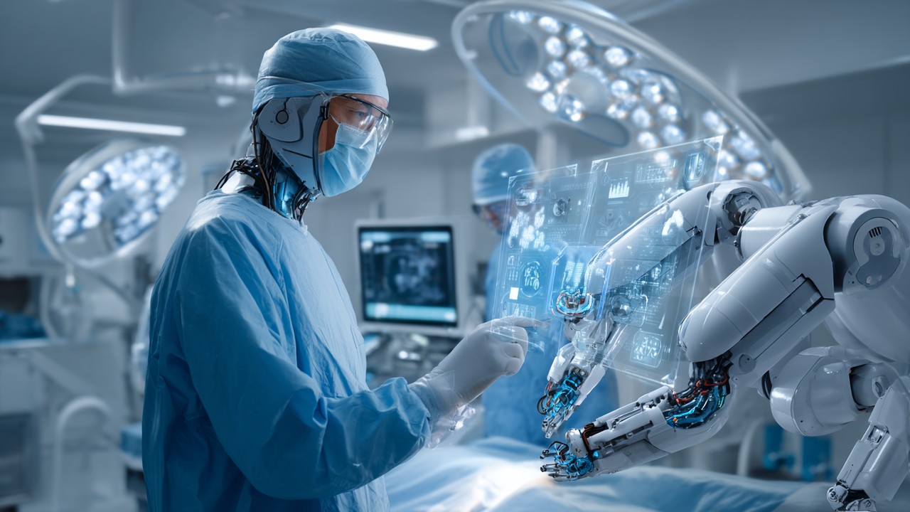 Surgeon performing robotic-assisted surgery with AI-powered digital interfaces in a modern operating room.