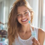 Gülümseyen genç gezgin, modern banyoda diş fırçası ve macun tutarken, seyahat çantası ve pasaportla ferah, temiz ortamda hazırlık yapıyor.