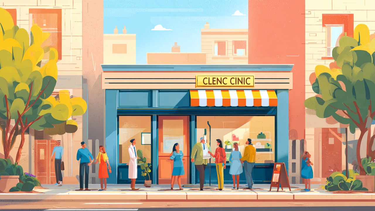 Sunny urban healthcare clinic storefront with welcoming entrance, friendly staff, and patients engaging outside, showcasing community healthcare.