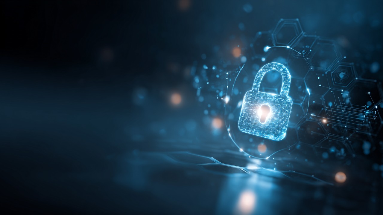 Secure digital healthcare network with glowing lock, medical symbols, and data streams representing health data security and privacy.