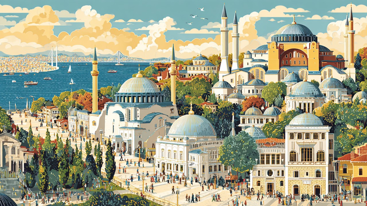 Buntes Istanbul-Stadtbild mit modernen Krankenhäusern, Hagia Sophia, Bosporus-Brücke und internationalen Touristen.
