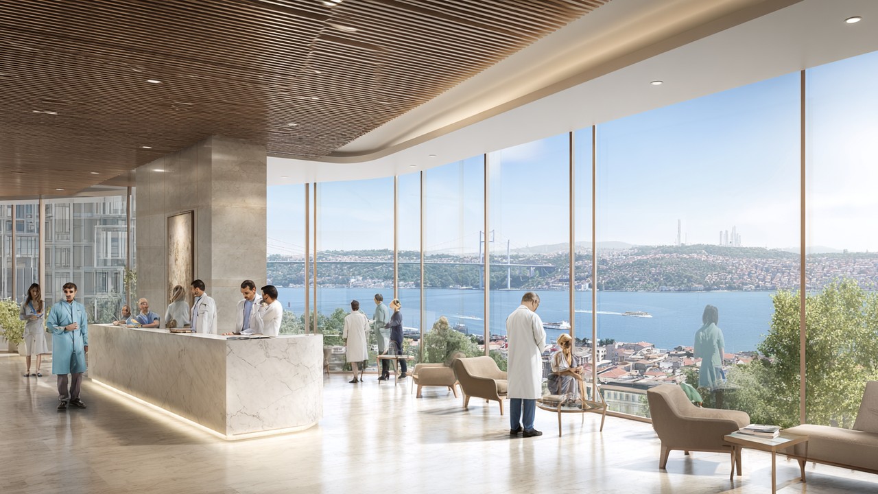 İstanbul'da modern hastane resepsiyon alanı, güler yüzlü sağlık çalışanları, şehir manzarası ve Bosphorus Köprüsü görünümüyle güvenilir sağlık hizmetleri
