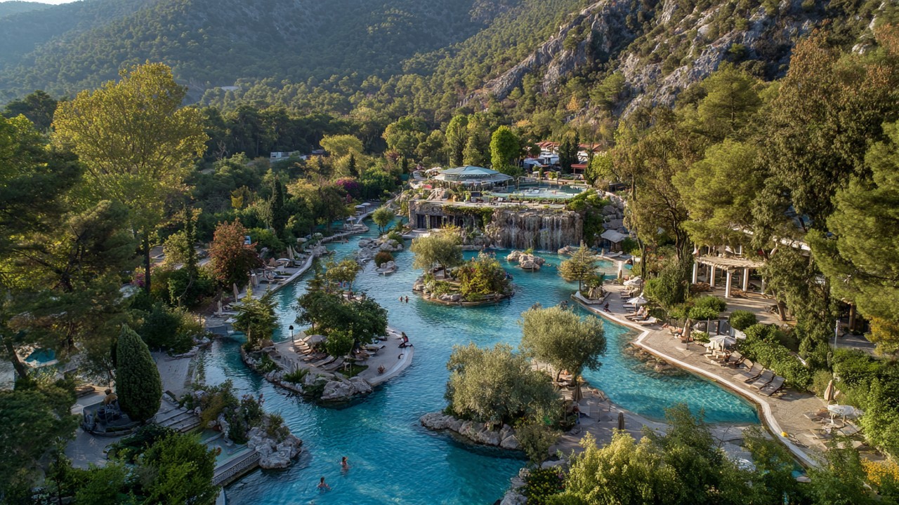 Entspannter Thermal Spa in Izmir mit grüner Umgebung, outdoor Pools und heilender Natur, fördert Wohlbefinden und Erholung.