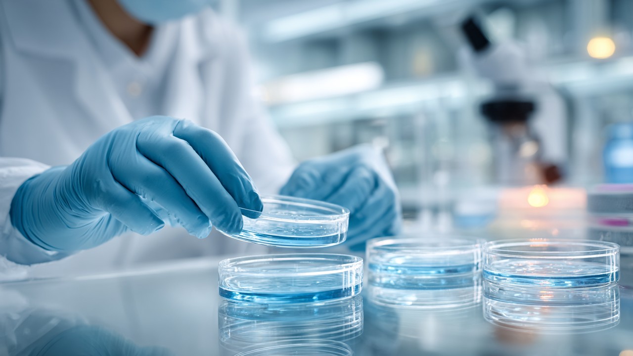 Scientist in a bright lab handling petri dishes for stem cell therapy and bone tissue engineering research.