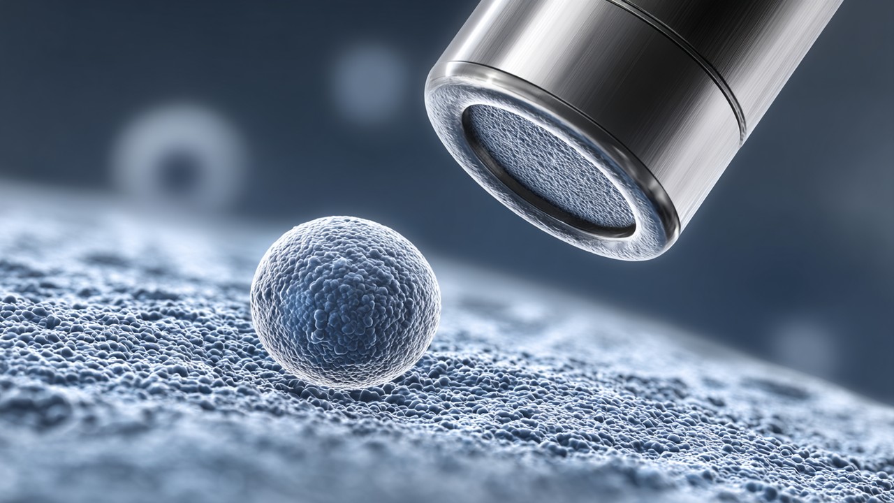 Close-up microscopic image of a medical implant surface with nanostructured coatings, highlighting advanced nanotechnology in healthcare.