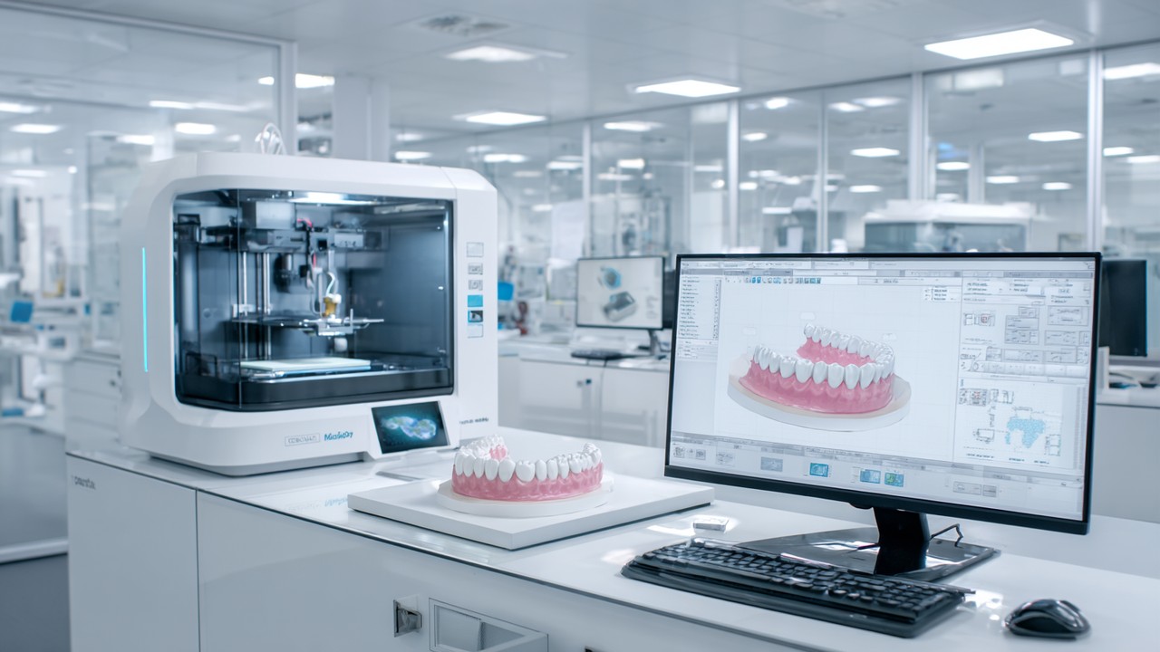 Modern dental clinic with 3D printer creating dental implant model, showcasing CAD/CAM technology and digital scanning integration.