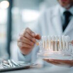 Modern diş kliniğinde, profesyonel diş hekimi gelişmiş implant modellerini inceliyor, yüksek teknoloji diş aletleri ve implant malzemeleri tepside.