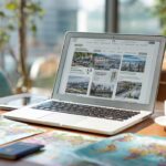 Modern dizüstü bilgisayar ve sağlık turizmi web sitesi ile organize çalışma alanı, seyahat broşürleri, pasaport ve kahve ile global harita.