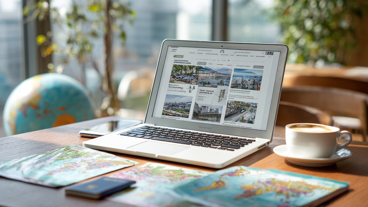 Modern dizüstü bilgisayar ve sağlık turizmi web sitesi ile organize çalışma alanı, seyahat broşürleri, pasaport ve kahve ile global harita.