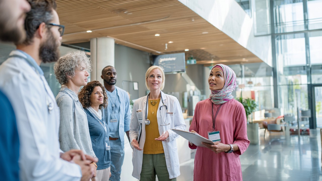 Diverse group of international patients consulting with healthcare professional in modern hospital lobby with clear signage and welcoming atmosphere.