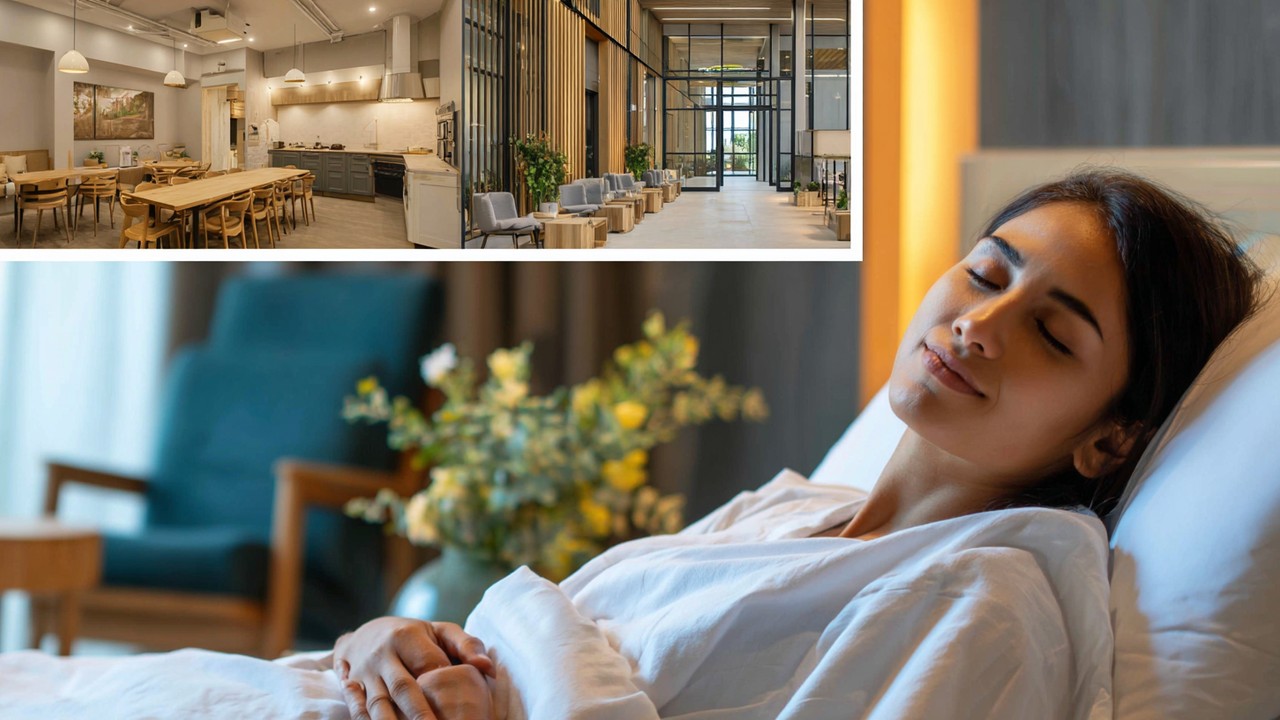 Modernes Hospitalzimmer mit entspanntem Patienten, umgeben von gemütlichen Apartments und luxuriösen Privatwohnungen für Gesundheitstourismus.