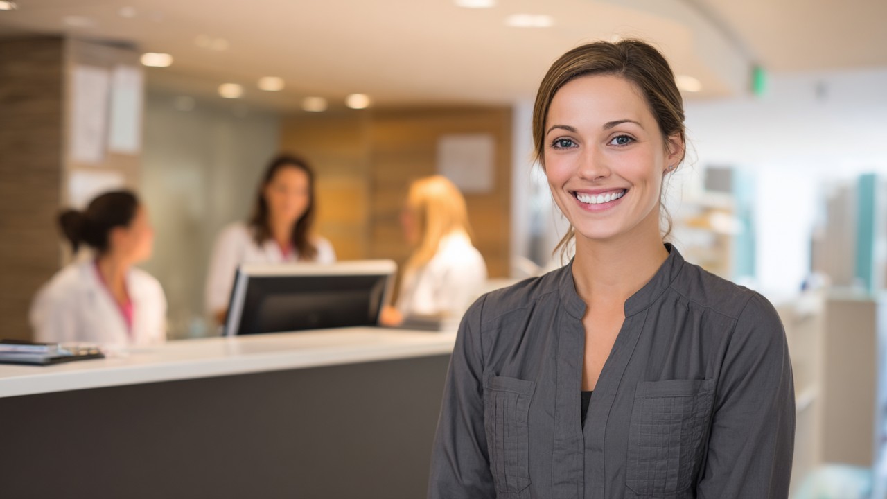Modern klinik resepsiyon alanında güler yüzlü resepsiyonist, doğal ışık ve şık tasarım, hastalar ve teknolojik cihazlar görünür.