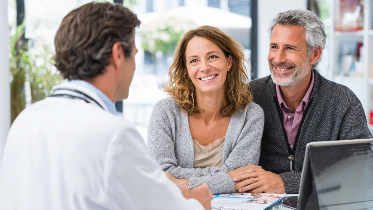 Modern klinikte güler yüzlü doktorla danışan orta yaşlı çift, doğal ışık ve Türk kültürel unsurlarla desteklenen sağlık ortamı