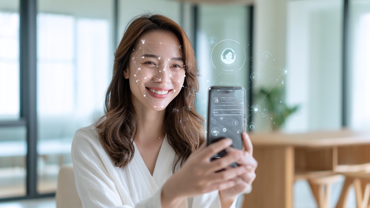Young woman using smartphone with augmented reality filters in a modern room, showcasing interactive healthcare technology and digital engagement.
