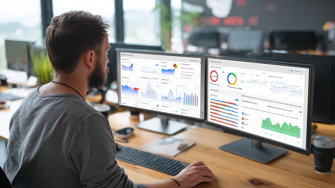 Digitaler Marketing-Analyst bei der Arbeit am Schreibtisch mit mehreren Bildschirmen, die SEO-Analysen, Google Analytics und Search Console-Daten für eine Gesundheitstourismus-Website zeigen.