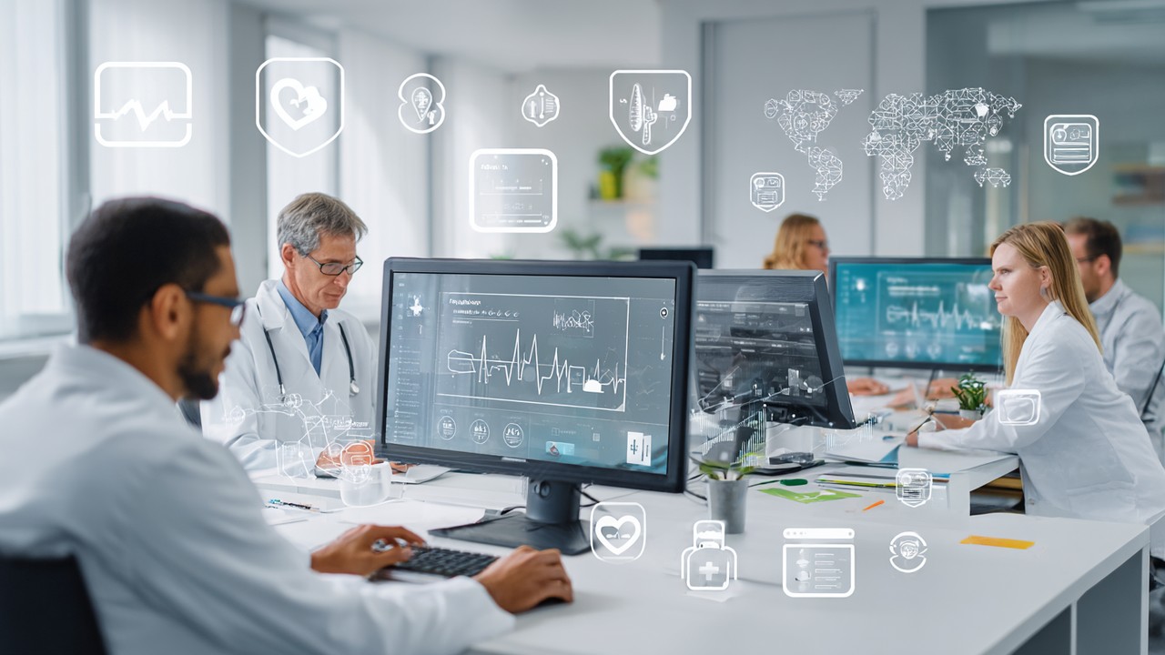 Modern healthcare digital marketing team analyzing SEO data on multiple screens in a bright, professional office environment.
