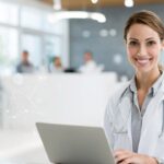 Modern sağlık kliniği resepsiyon alanında güler yüzlü sağlık çalışanı laptop kullanırken, doğal ışık ve temiz ortam, hızlı ve güvenilir sağlık hizmeti.