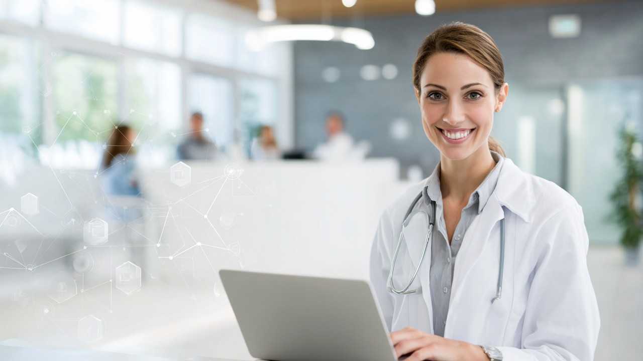 Modern sağlık kliniği resepsiyon alanında güler yüzlü sağlık çalışanı laptop kullanırken, doğal ışık ve temiz ortam, hızlı ve güvenilir sağlık hizmeti.