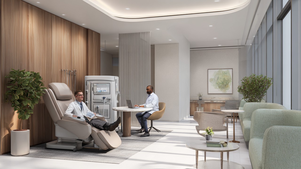 Moderne Arztpraxis mit medizinischem Fachpersonal, Patientengespräch und fortschrittlicher Medizintechnik in ruhigem, eleganten Ambiente.