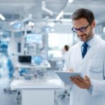 Modern tıbbi klinikte doktor, dijital tablet ile hasta verilerini inceliyor, gelişmiş tıbbi ekipman ve sağlık analitikleriyle çevrili, profesyonel ortam