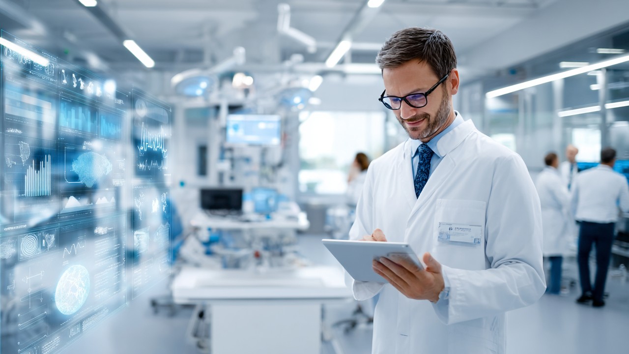 Modern tıbbi klinikte doktor, dijital tablet ile hasta verilerini inceliyor, gelişmiş tıbbi ekipman ve sağlık analitikleriyle çevrili, profesyonel ortam