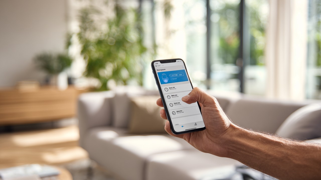 Close-up of a hand using a smartphone to book a medical appointment via a healthcare app in a bright, modern living room.