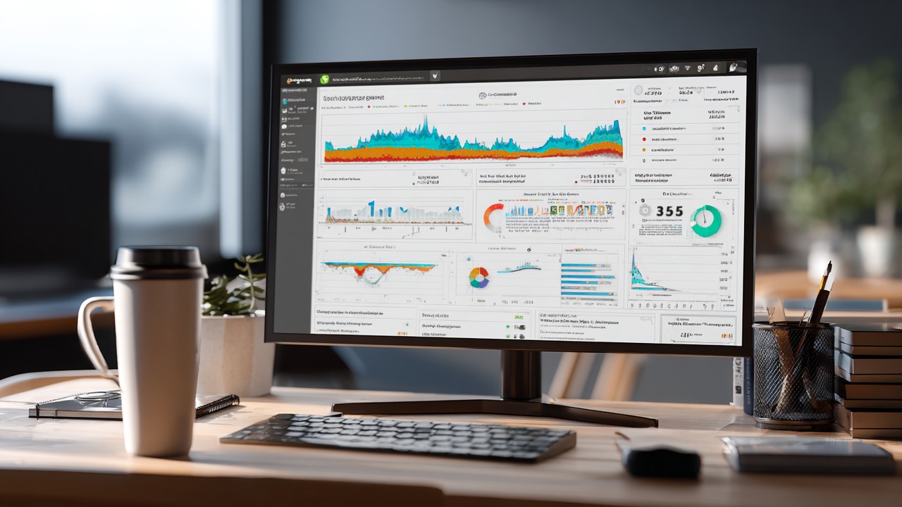 Professional workspace with a computer displaying website performance analytics dashboards, graphs, and metrics on page speed and user experience.