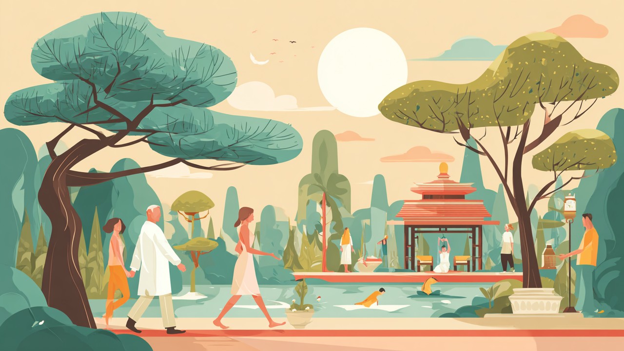 Friedliche Outdoor-Szene mit Gesundheitstouristen bei leichter Rehabilitation: Spaziergänge im Park, Yoga, Spa und kulturelle Sehenswürdigkeiten für Wellness und Erholung.
