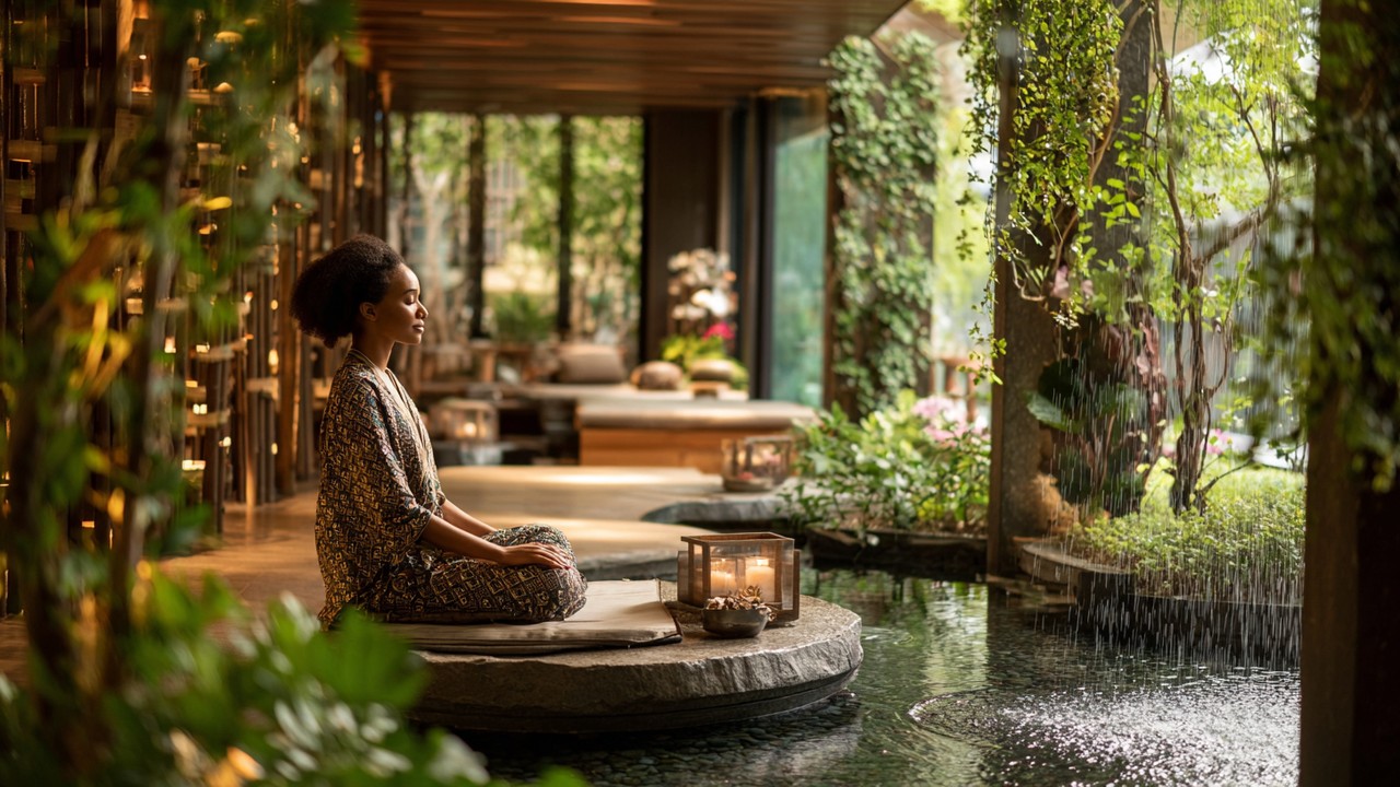 Entspannende Wellness-Spa-Atmosphäre mit Wasser, Grünpflanzen und einer Person bei Massage oder Meditation für ganzheitliche Gesundheit.