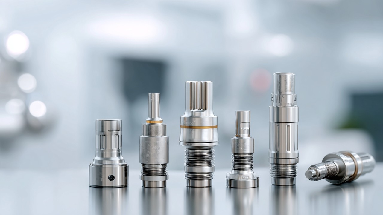 High-resolution image of titanium and zirconium dental and orthopedic implants on white surface in clinical setting.