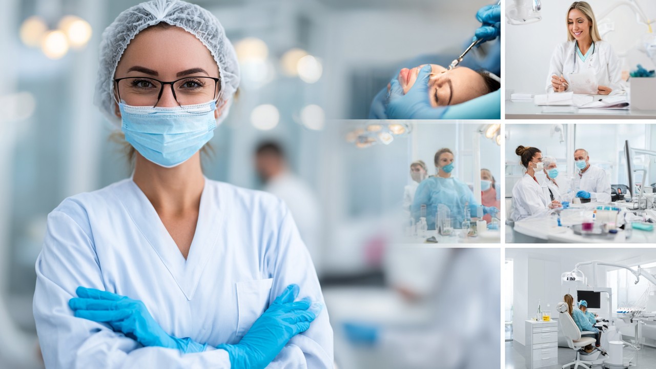 Collage von medizinischen Dienstleistungen in der Türkei: Chirurg, Zahnarzt, Operationsteam und Beratung in modernen Kliniken