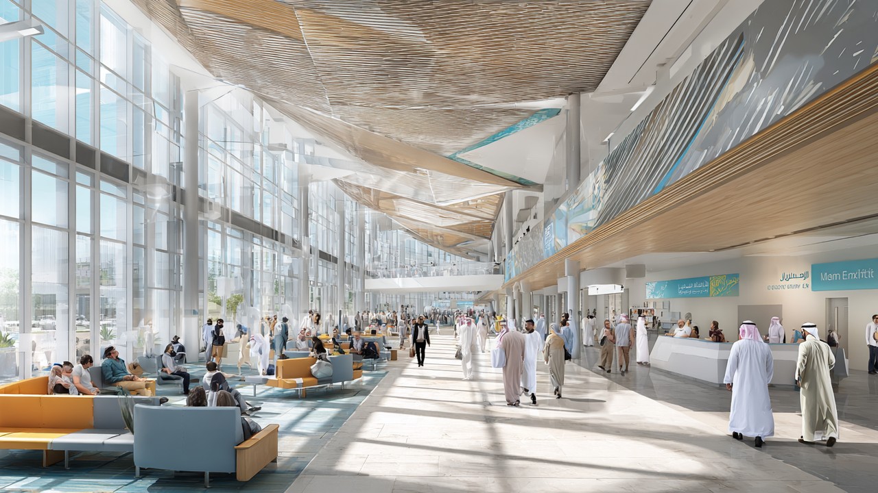 Lebhaftes internationales Krankenhaushalle mit vielfältigen Patienten, medizinischem Personal und moderner Architektur, helles natürliches Licht.