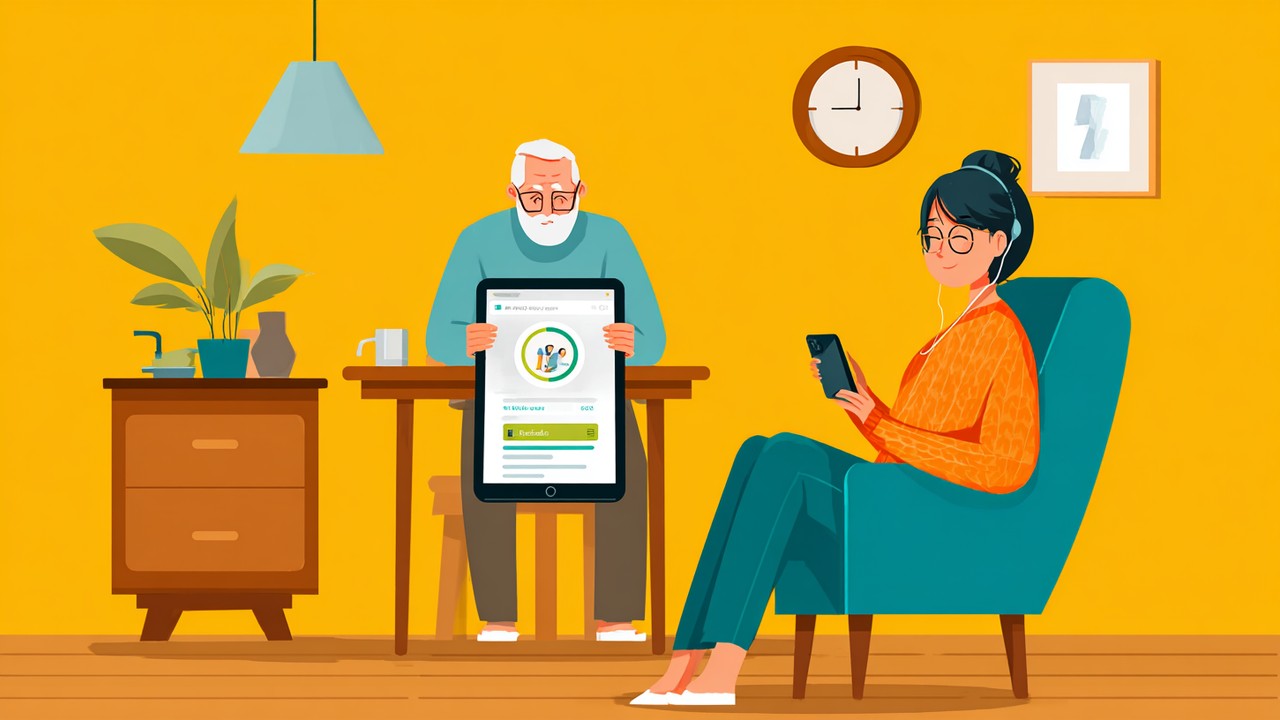 Frustrated patient waiting on slow-loading medical website on tablet contrasted with happy patient smoothly using fast healthcare site on smartphone at home.