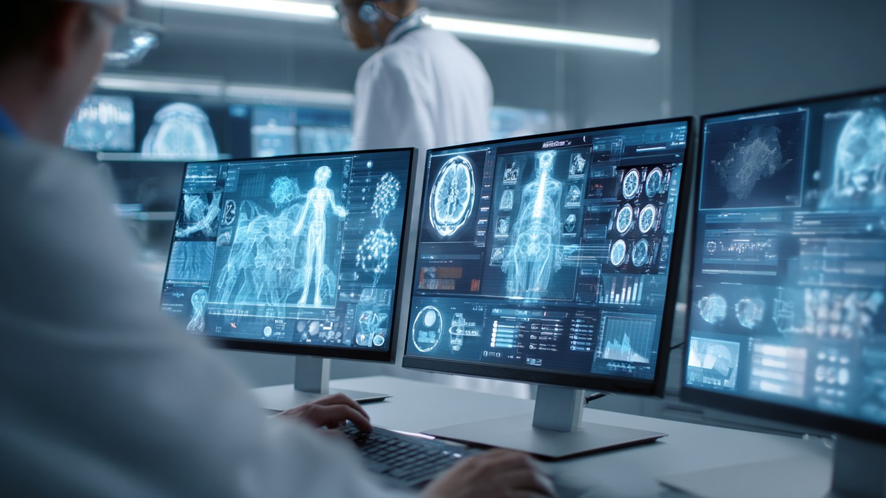 Close-up of healthcare AI analyzing medical images on transparent screens with a doctor in a high-tech clinical setting, emphasizing precision diagnostics.