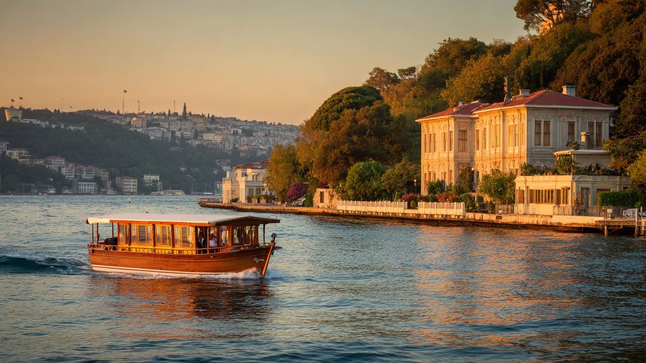 Ein ruhiges Boot auf dem Bosporus bei Sonnenuntergang, umgeben von grüner Natur und historischen Waterfront-Villen, reflektierende Wasser.