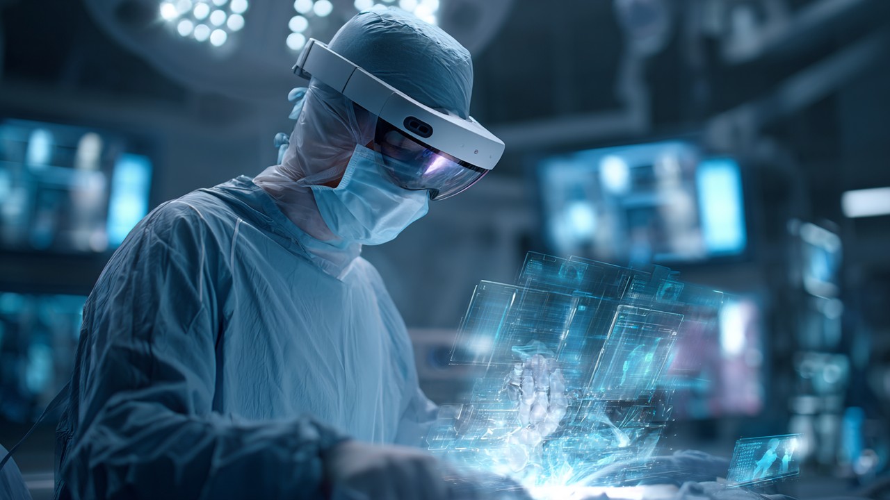 Futuristic surgeon operating with robotic surgical system and augmented reality overlays in a high-tech operating room.