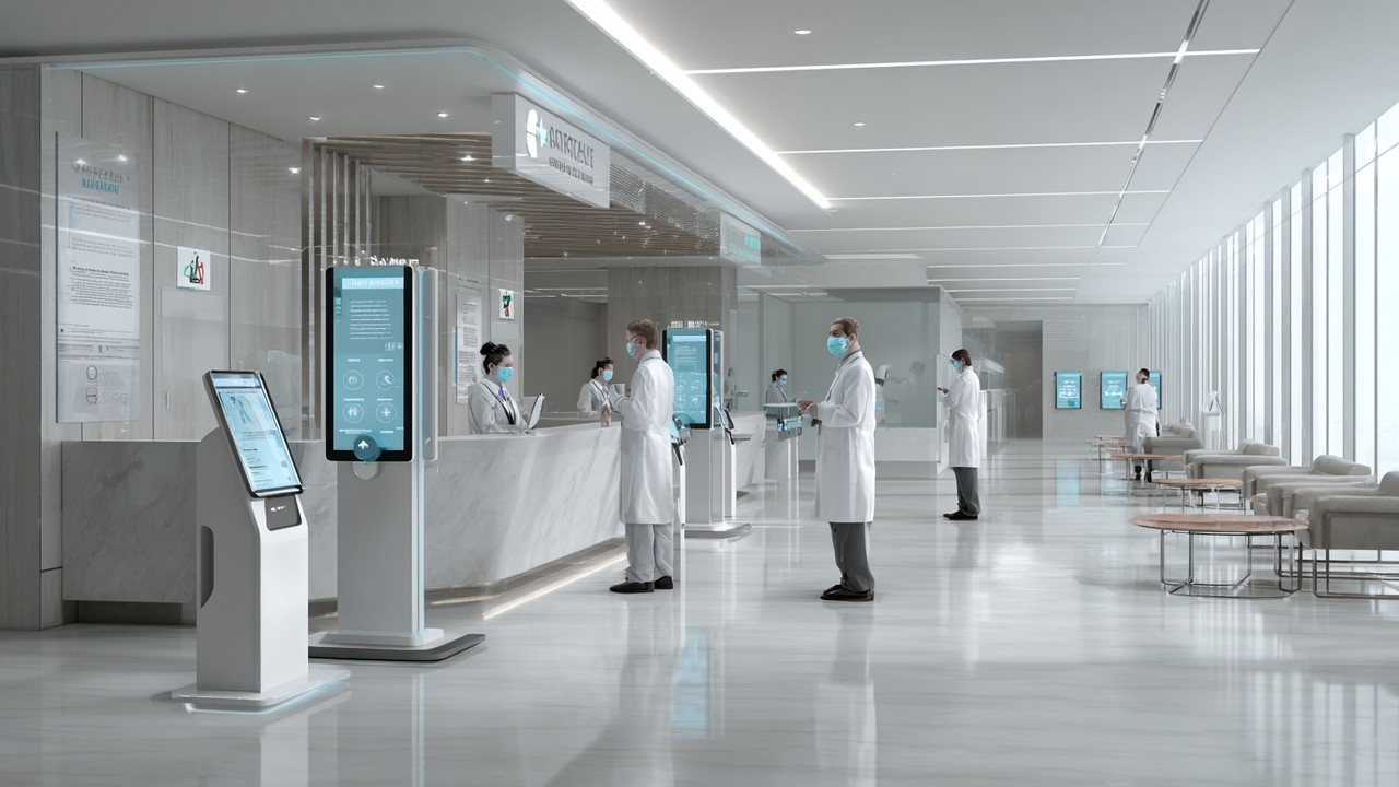 Moderne Krankenhausrezeption mit digitalen Check-in-Terminals, maskierten Mitarbeitern und Hygienehinweisen, zeigt fortschrittliche Gesundheitssicherheit.