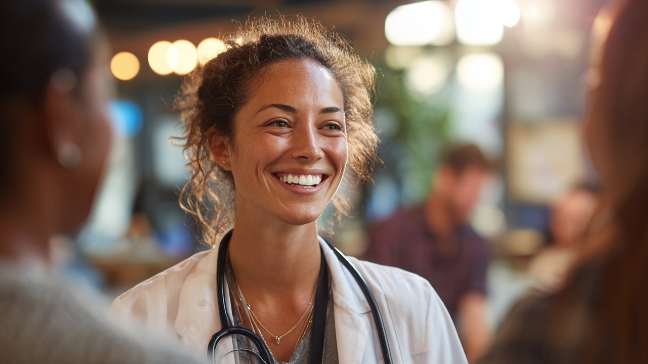 Smiling healthcare professional engaging with local patients in a clinic waiting area, highlighting trust and community connection.