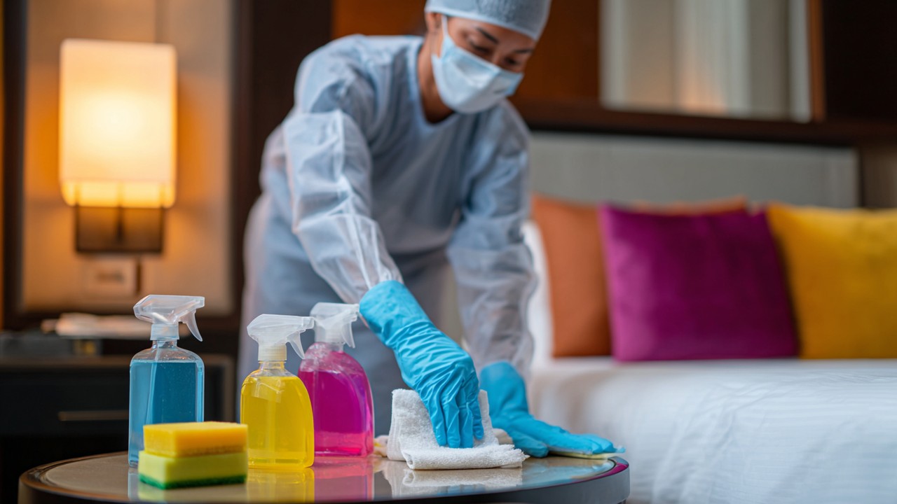 Reinigungsmitarbeiter in Schutzkleidung desinfiziert Hotelzimmer mit Reinigungsmitteln, Fokus auf Hygiene und Sicherheit in Gesundheitshotels.