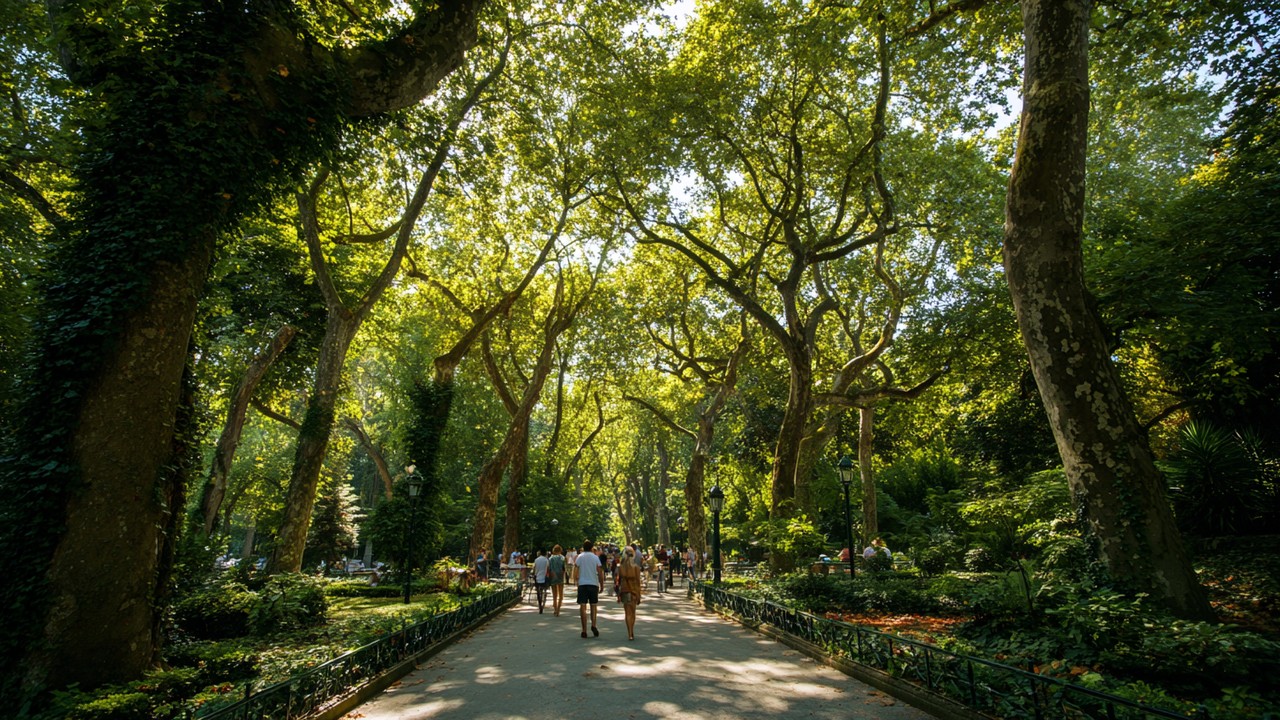 Grüner Park in Istanbul mit Spaziergängern entlang baumreicher Wege in Emirgan Grove oder Yildiz Park, Sonnenlicht durch Blätter, ruhige Natur.