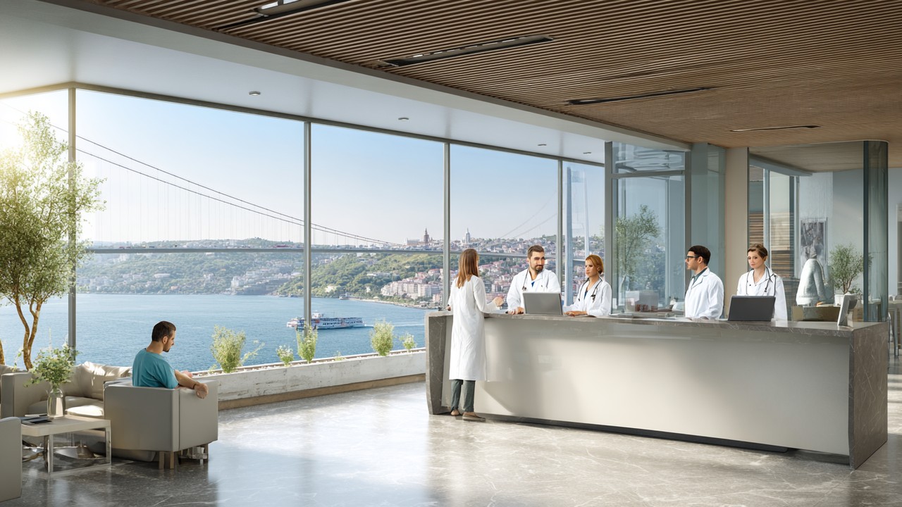 İstanbul'da modern hastane resepsiyon alanında doğal ışıkla aydınlatılmış, güler yüzlü sağlık profesyonelleri ve rahat hasta, Boğaziçi Köprüsü manzaralı büyük pencereler.